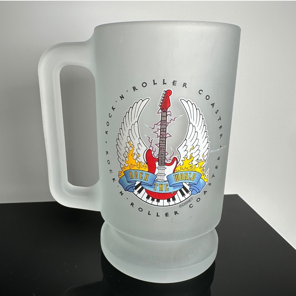 Disney Rock n Roller Coaster Mug Large Clear Frosted Glass MGM Studios